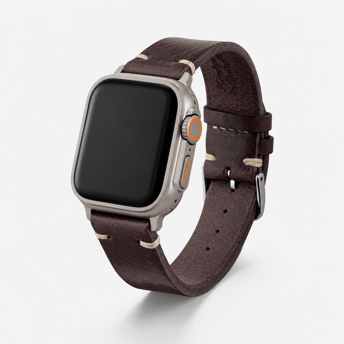 Hunter Apple Watch Armband Leder Dunkelbraun auf einer Smartwatch, hochwertiges Rindleder, elegante Optik.