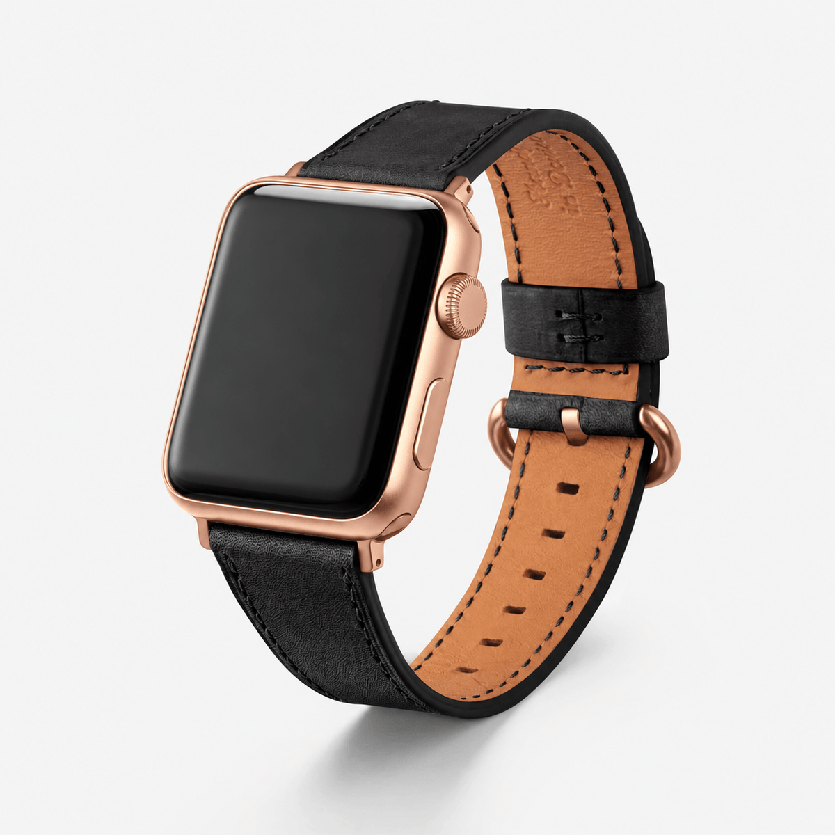 Schwarzes Apple Watch Armband Leder - Bidart in elegantem Design mit rosegoldener Uhr.