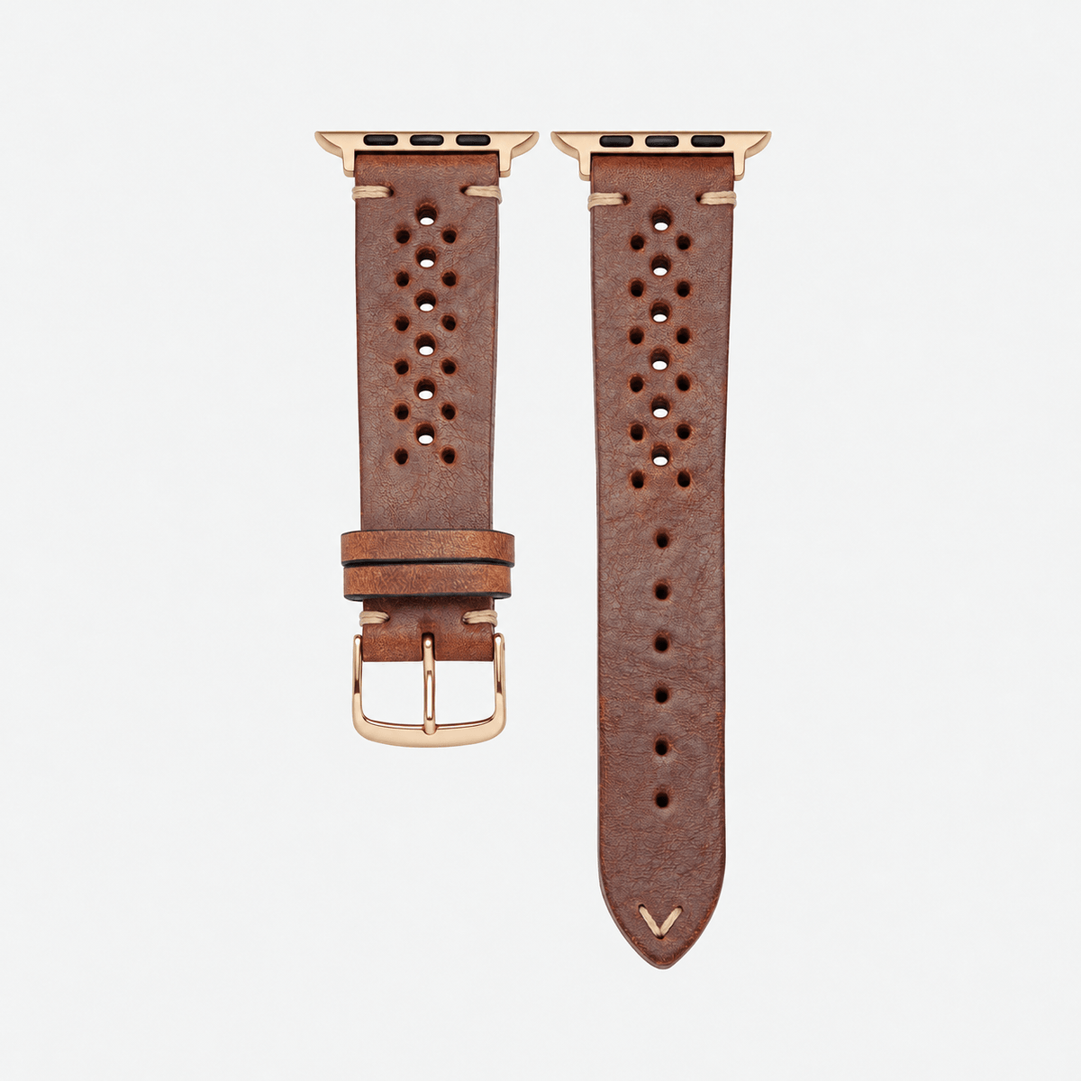 Rallye Lederband für Apple Watch – Hellbraun, sportliches Design aus vegetabil gegerbtem Rindleder mit goldener Hardware.