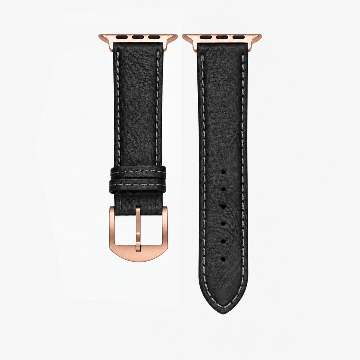 Apple Watch Stierlederarmband Torro Modern Schwarz in Schwarz mit rosegoldener Schnalle.