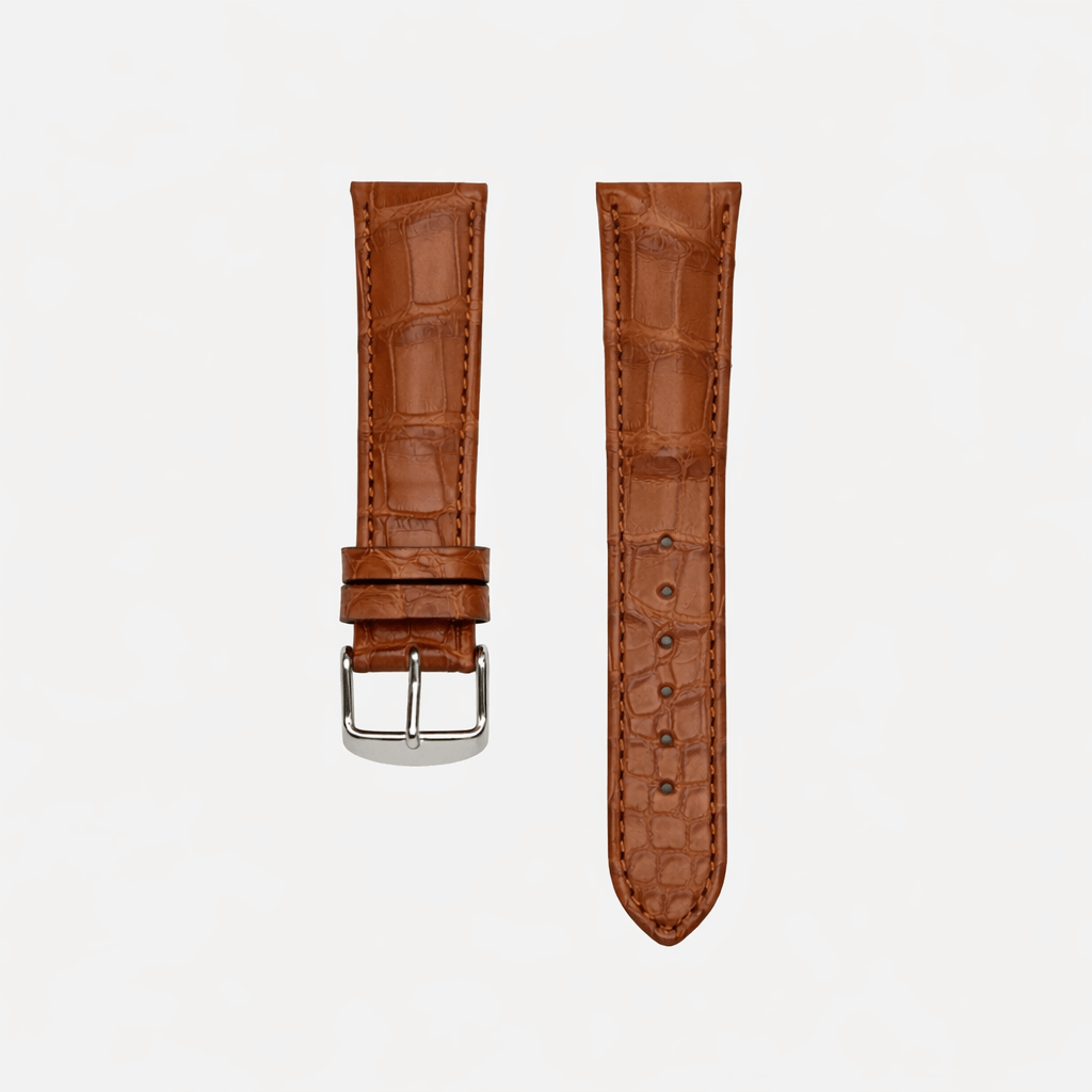 Full Cut bombiert – Armband aus vollflächigem Louisiana-Alligatorleder, Uhrenarmband mit charakteristischer Schuppenstruktur in Braun