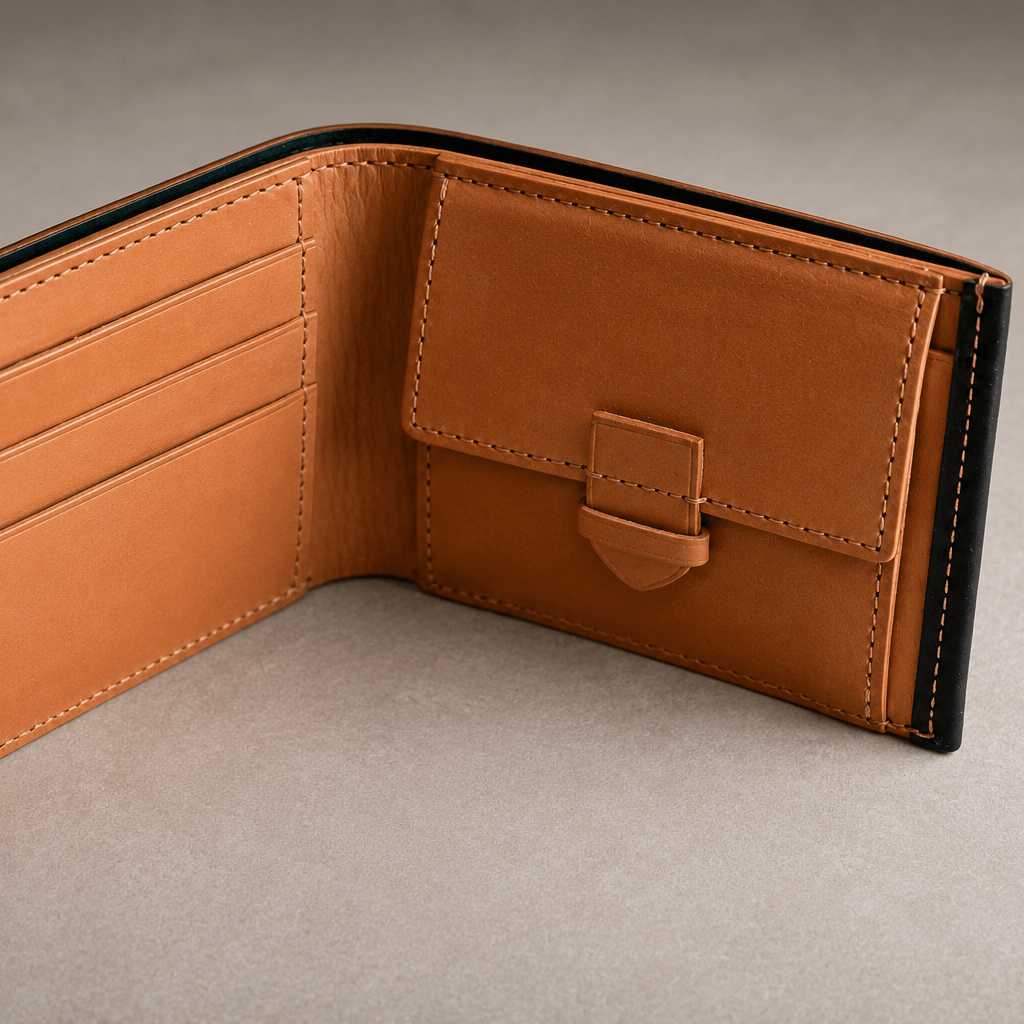 Premium Leder Geldbörse Chicago aus Horween Shell Cordovan, Innenansicht mit Fächern und Knopfverschluss.