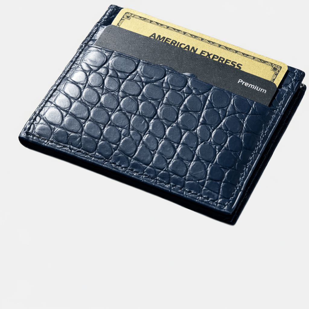 Louisiana Slim Kredit Karten Etui Blue aus Alligatorleder und Ziegenleder mit American Express Karte, luxuriös, robust, edel.