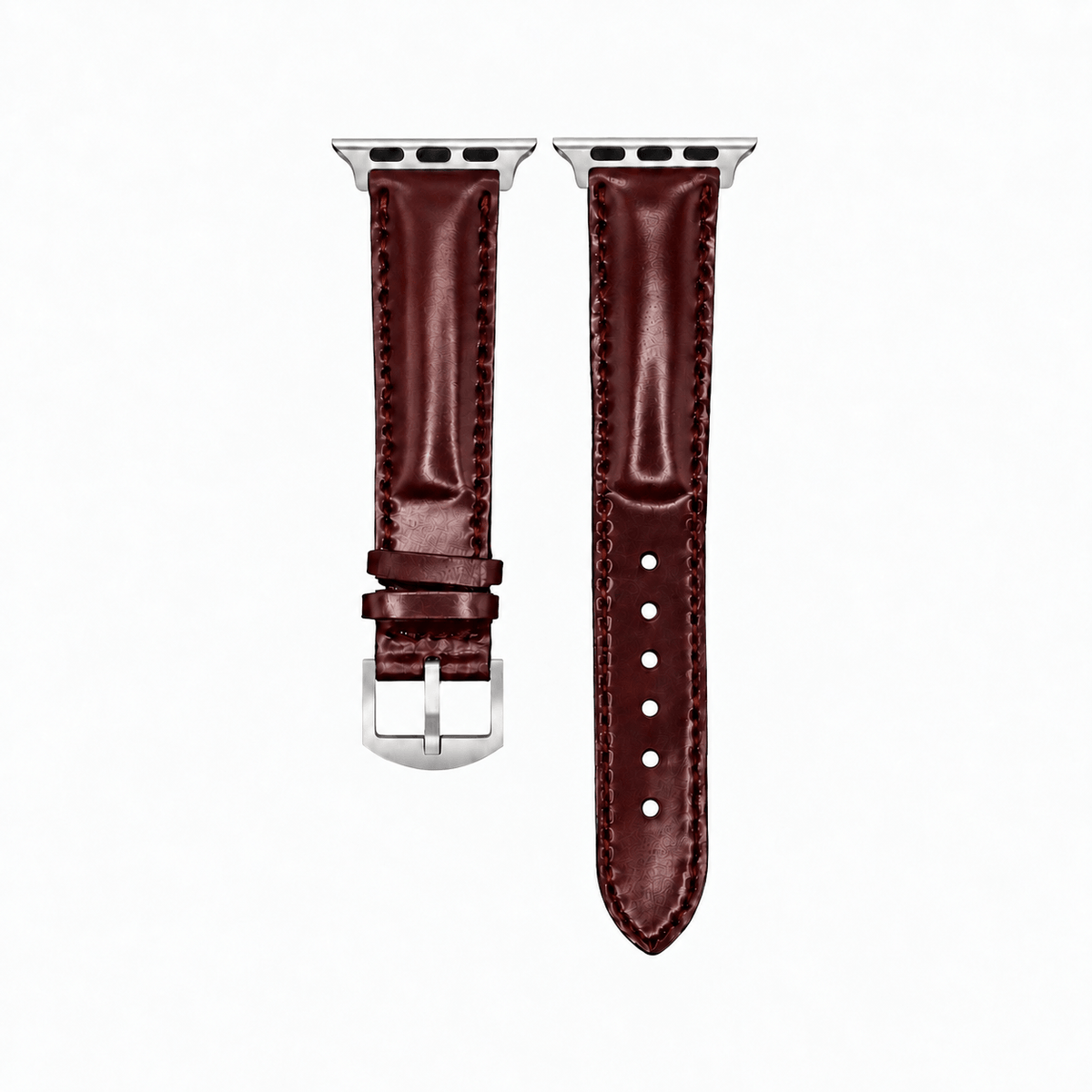 Apple Watch Armband Luxus aus Horween Shell Cordovan in Oxblood mit silberner Hardware in Größe M.