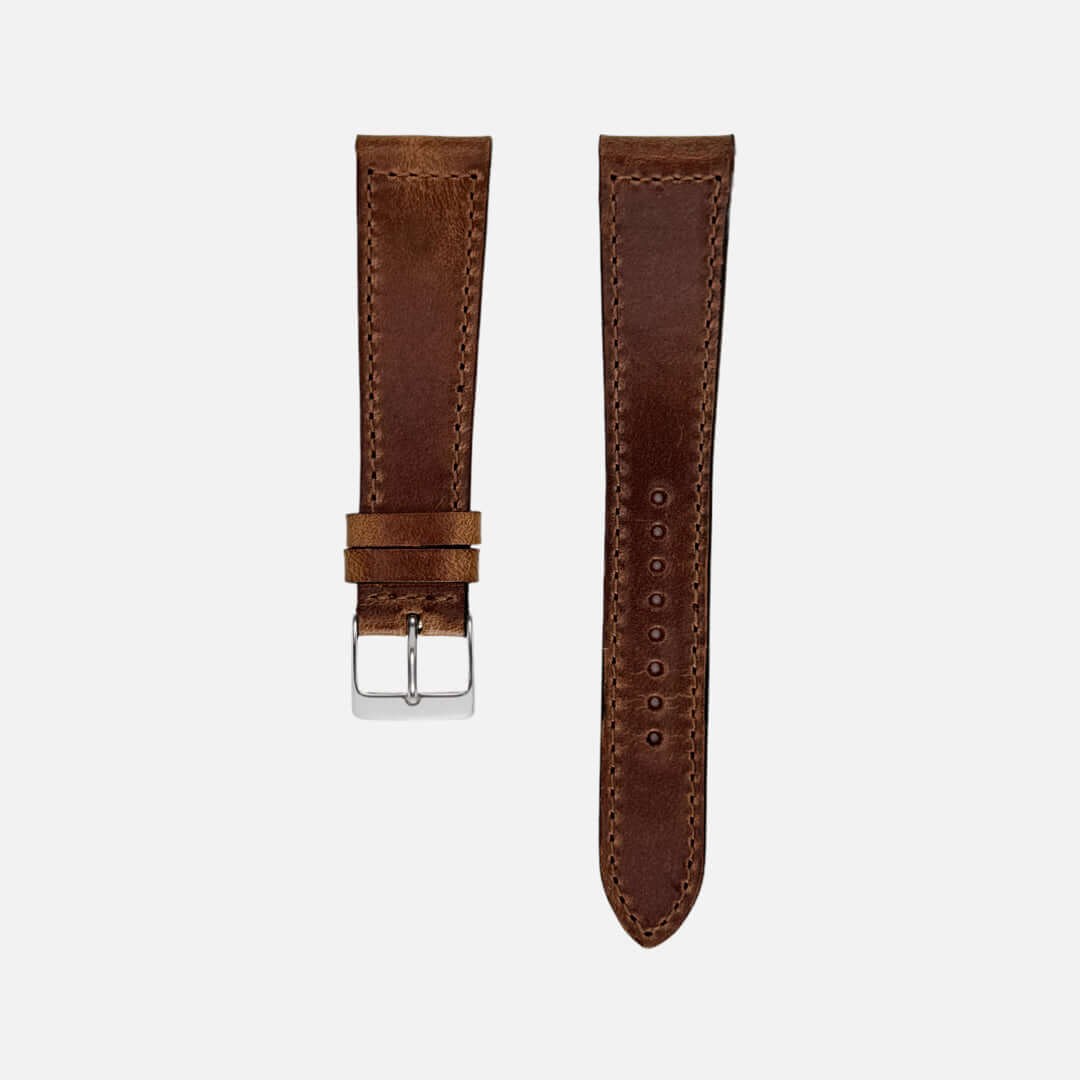 Luxuriöses Horween Chrom Excel Leder Uhrenarmband in Bordeaux, handgefertigt, vegetabil gegerbt, langlebig, entwickelt schöne Patina. Details ansehen.