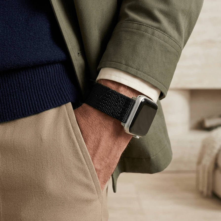 Cotton – Schwarzes Nylon Apple Watchband im Textil-Look