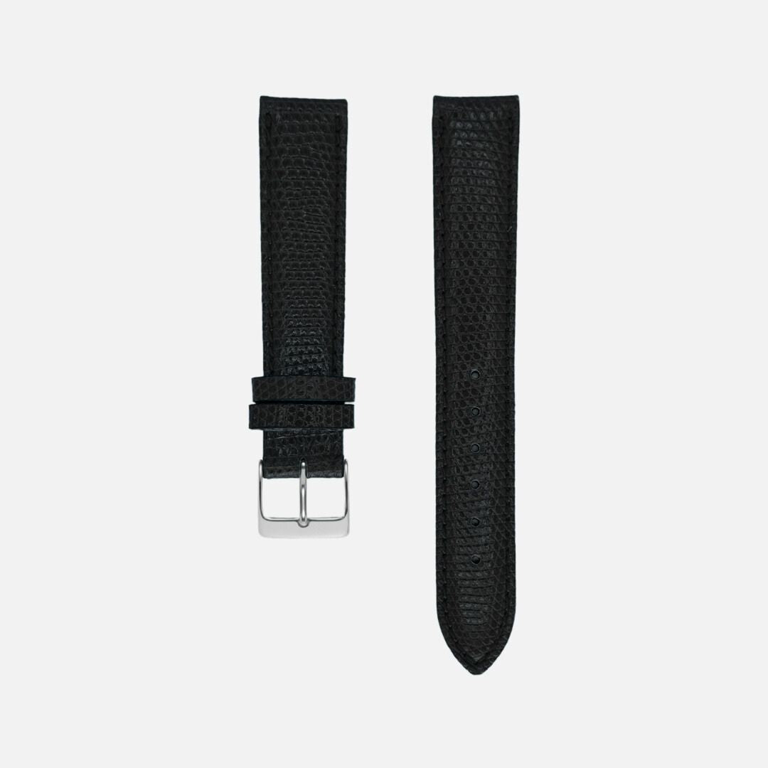 Luxurious Echt Eidechse Leder Uhrenarmband in black with fine texture and silver buckle, perfect for elegant watches.