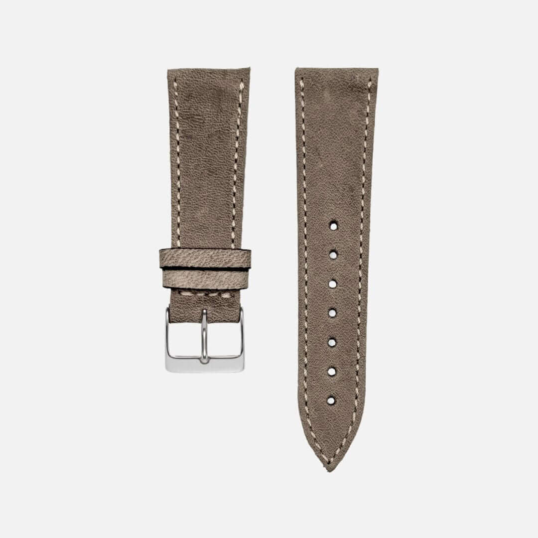 Vintage Uhrenarmband 21/18 mm – kurze Länge, graues Olivenblatt-Leder, handgefertigt im Bayerischen Wald.