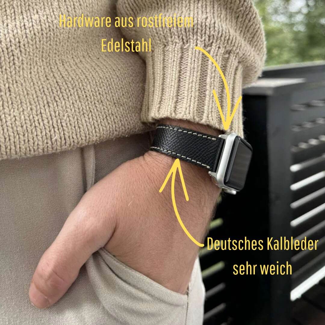 Luxuriöses Apple Watch Lederarmband Damen Cupertino Schwarz am Handgelenk aus deutschem Kalbleder, rostfreier Edelstahl. Elegantes Design.