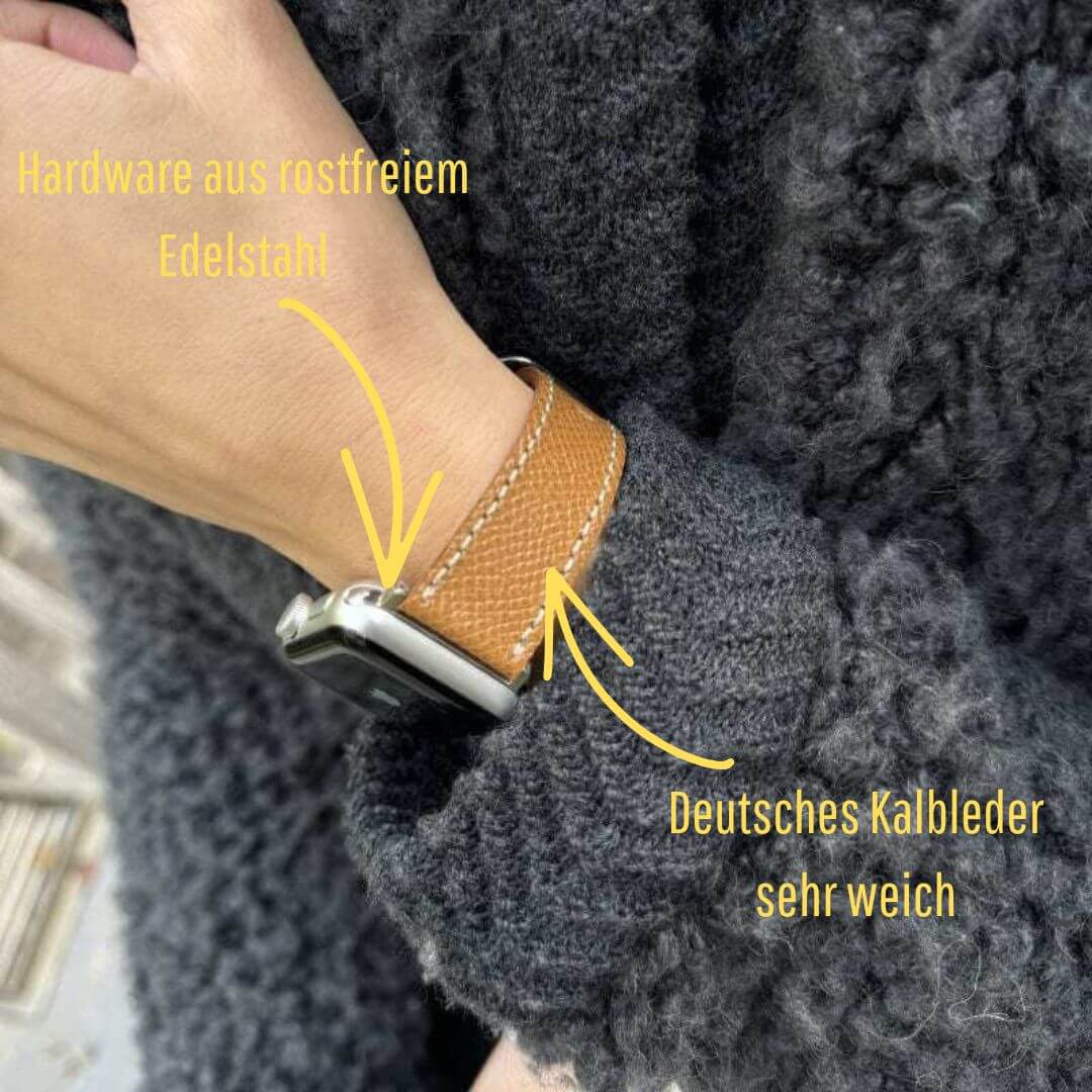 Luxuriöses Apple Watch Lederarmband Damen Cupertino Hellbraun aus Epsom Kalbleder, elegant und strapazierfähig im Alltag.