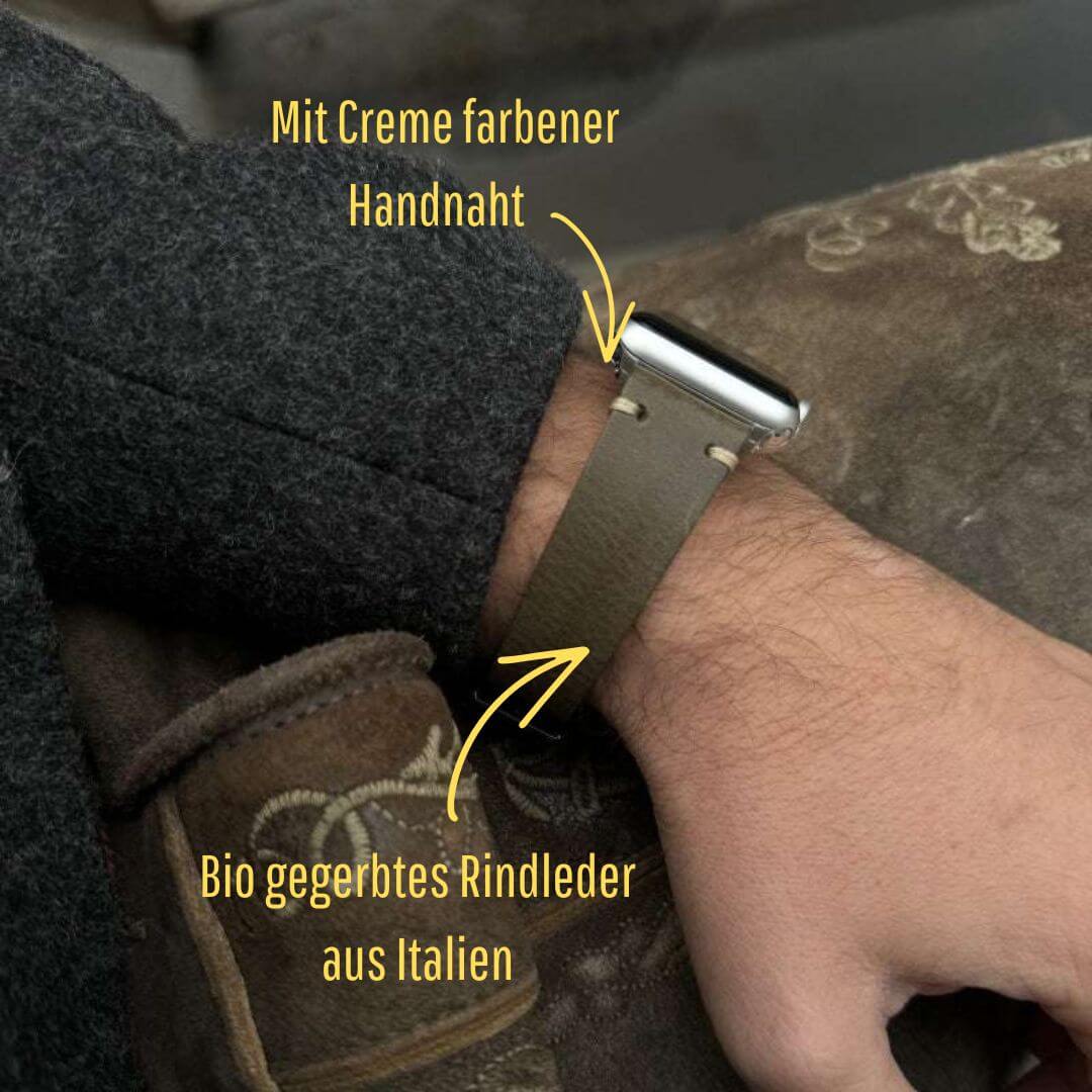 Hunter Apple Watch Armband Leder Olive aus vegetabil gegerbtem Rindleder, handgenäht, präsentiert am Handgelenk für stilvolles Design.