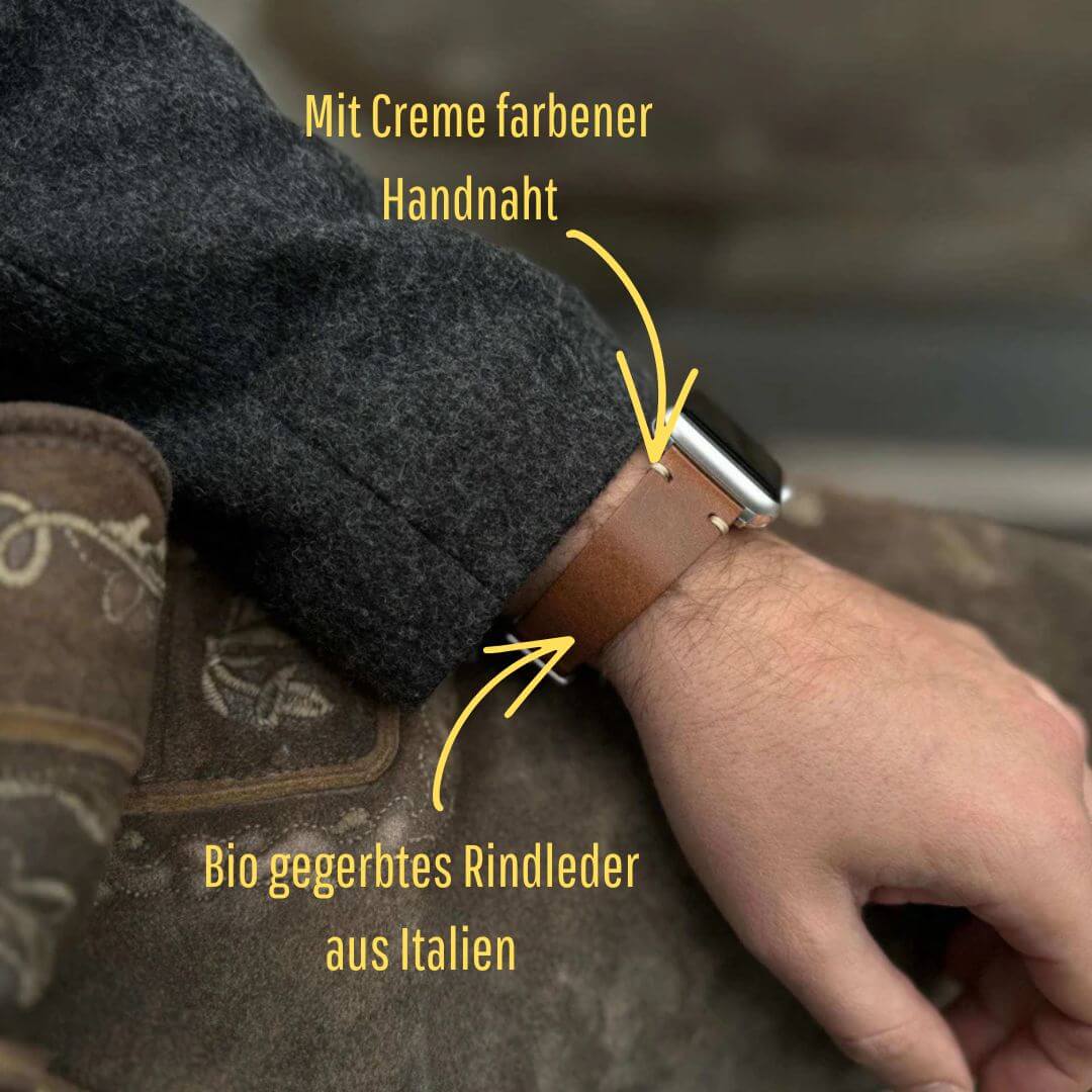 Hunter Apple Watch Armband Leder Hellbraun am Handgelenk, handgenäht mit Creme farbenem Bio-Rindleder, vegetabil gegerbt.