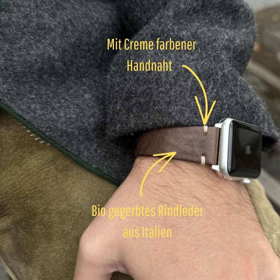 Hunter Apple Watch Armband Leder Dunkelbraun aus vegetabil gegerbtem Rindleder mit cremefarbener Handnaht, elegant und langlebig.