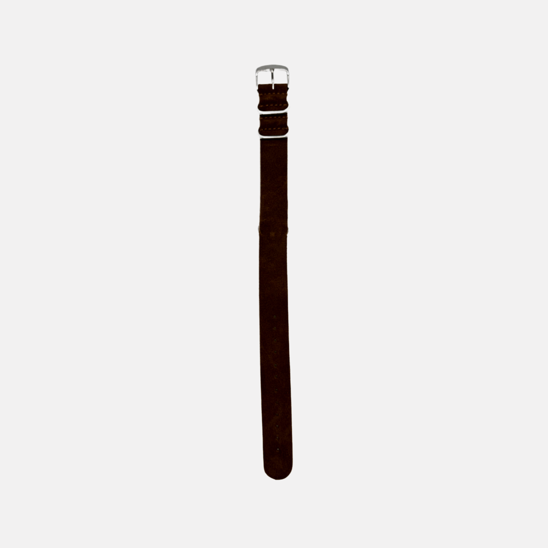 Nato Uhrenarmband aus Velourleder in braun mit silberner Schnalle, handgefertigt, aus der Gerberei Perlinger, elegant und langlebig.