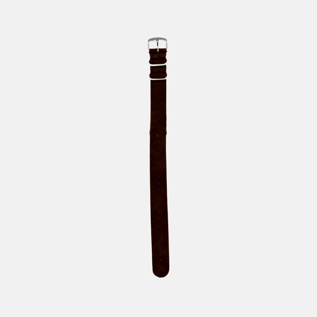 Nato Uhrenarmband aus Velourleder in braun mit silberner Schnalle, handgefertigt, aus der Gerberei Perlinger, elegant und langlebig.