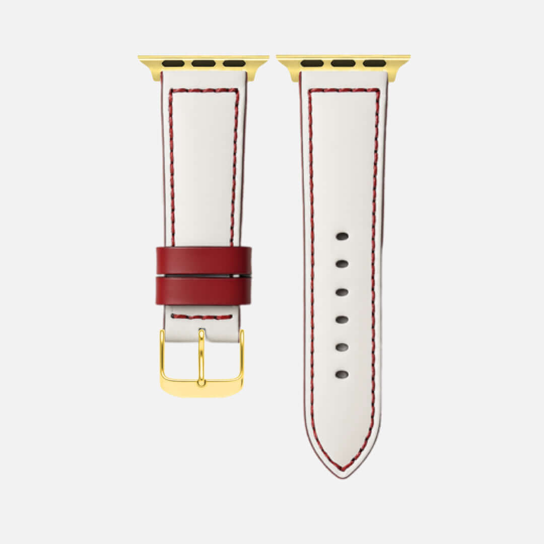 Das Sandlot – Weißes Baseball-Leder Apple Watch Band, Kalbleder, rot-weiß, inspiriert von Baseballs, goldene Schnalle