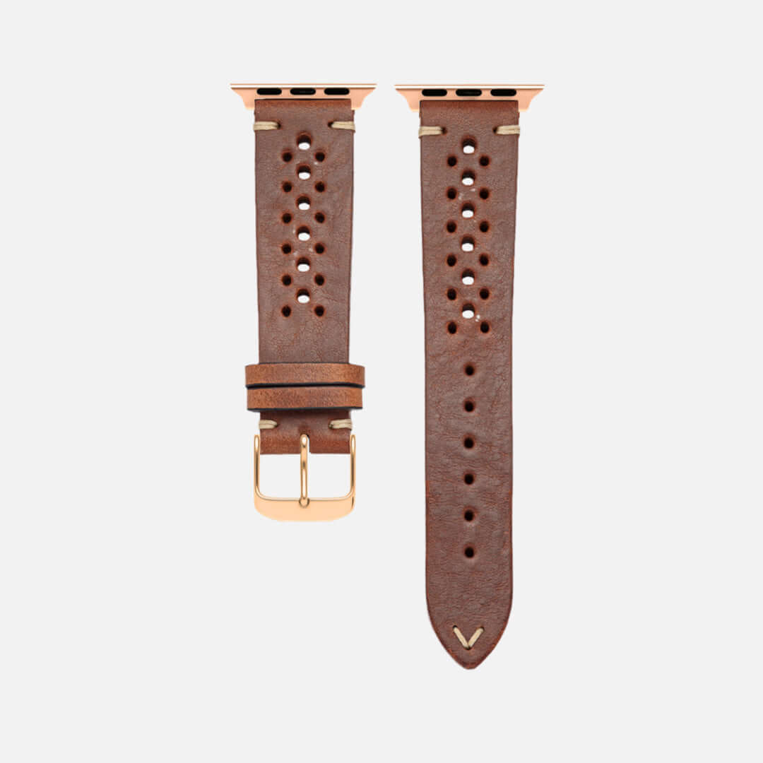 Rallye Lederband für Apple Watch – Hellbraun aus vegetabil gegerbtem Rindleder, sportlich und traditionell, gefertigt in Bayern.