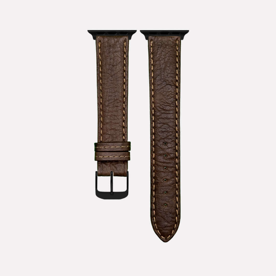 Apple Watch Stierlederarmband Torro Modern Dunkelbraun aus spanischem Stiernackenleder, handgearbeitet, rustikaler Stil.