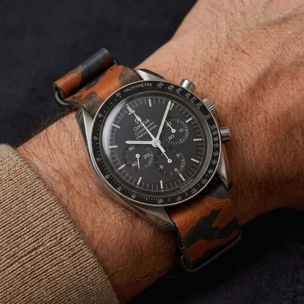 Military – Field Uhrenarmband im Camouflage Look an einer eleganten Uhr am Handgelenk.