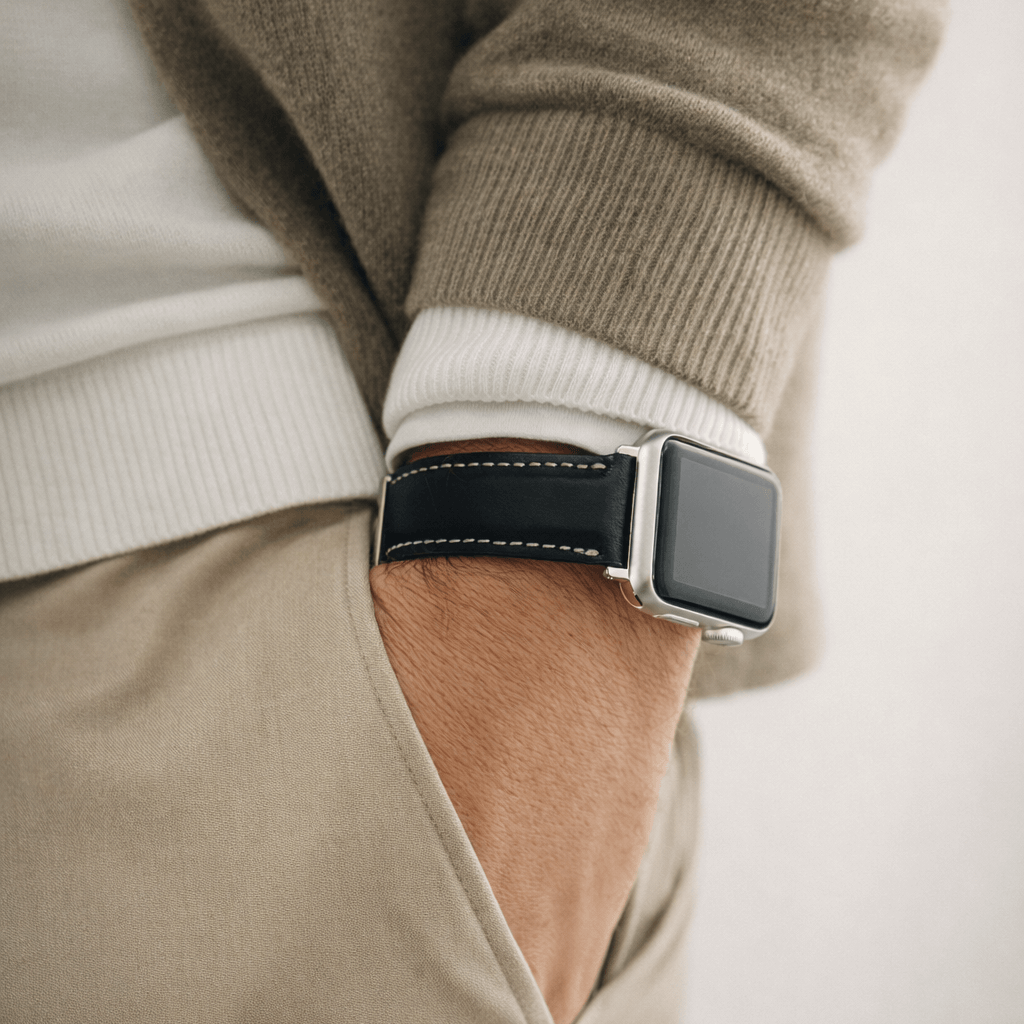 Apple Watch Lederarmband Casablanca – Schwarz an einem Handgelenk, klassisch und stilvoll für alle Apple Watch Modelle von Series 1 bis 10.