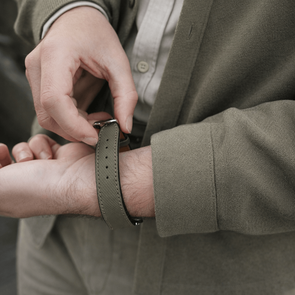 Olivgrünes Apple Watch Lederarmband Wasserfest | Nautilus, getragen an einem Handgelenk, ideal für Sport und Outdoor-Aktivitäten.