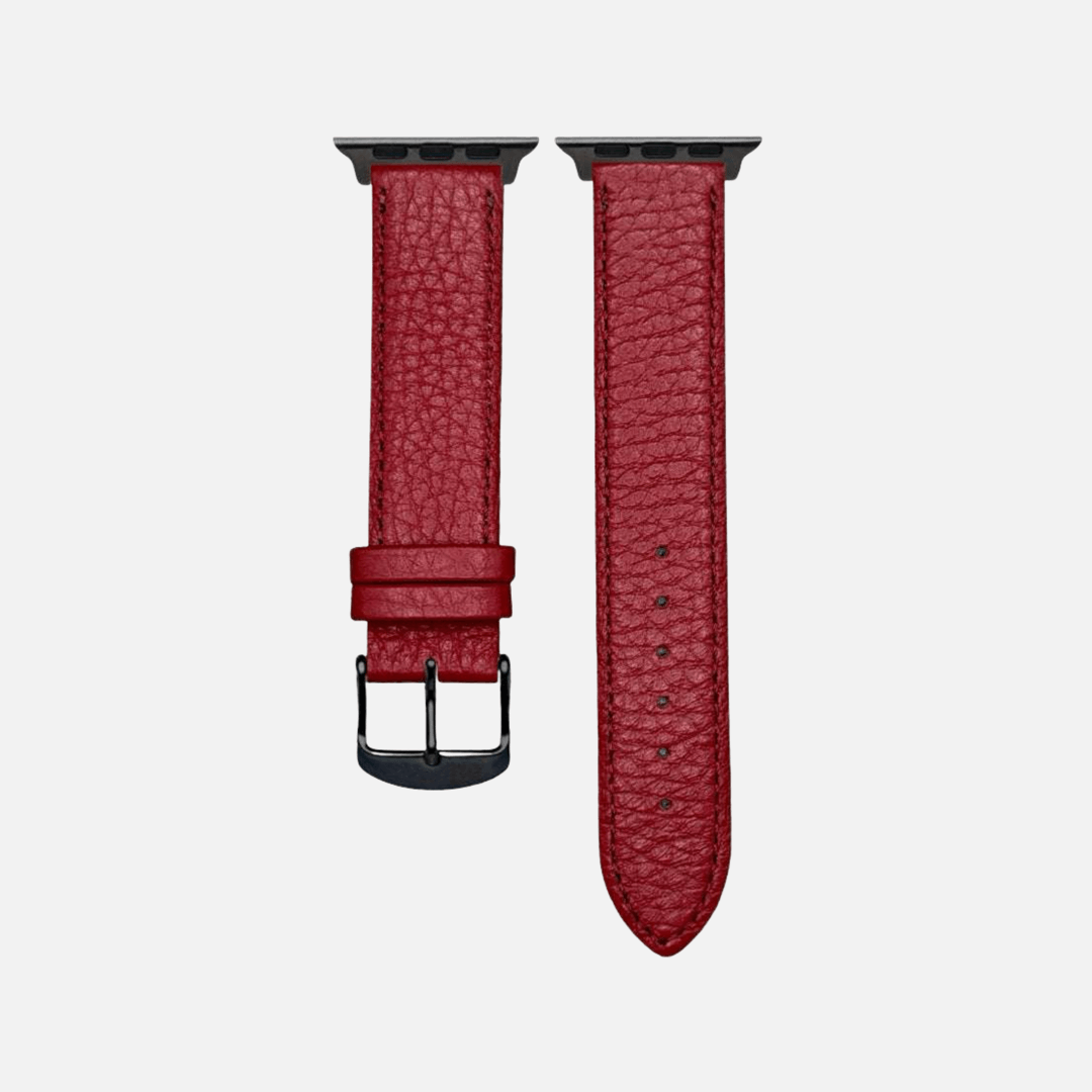 Handcrafted red Hirsch leather watch band for Apple Watch, showcasing luxurious texture and Italian craftsmanship.