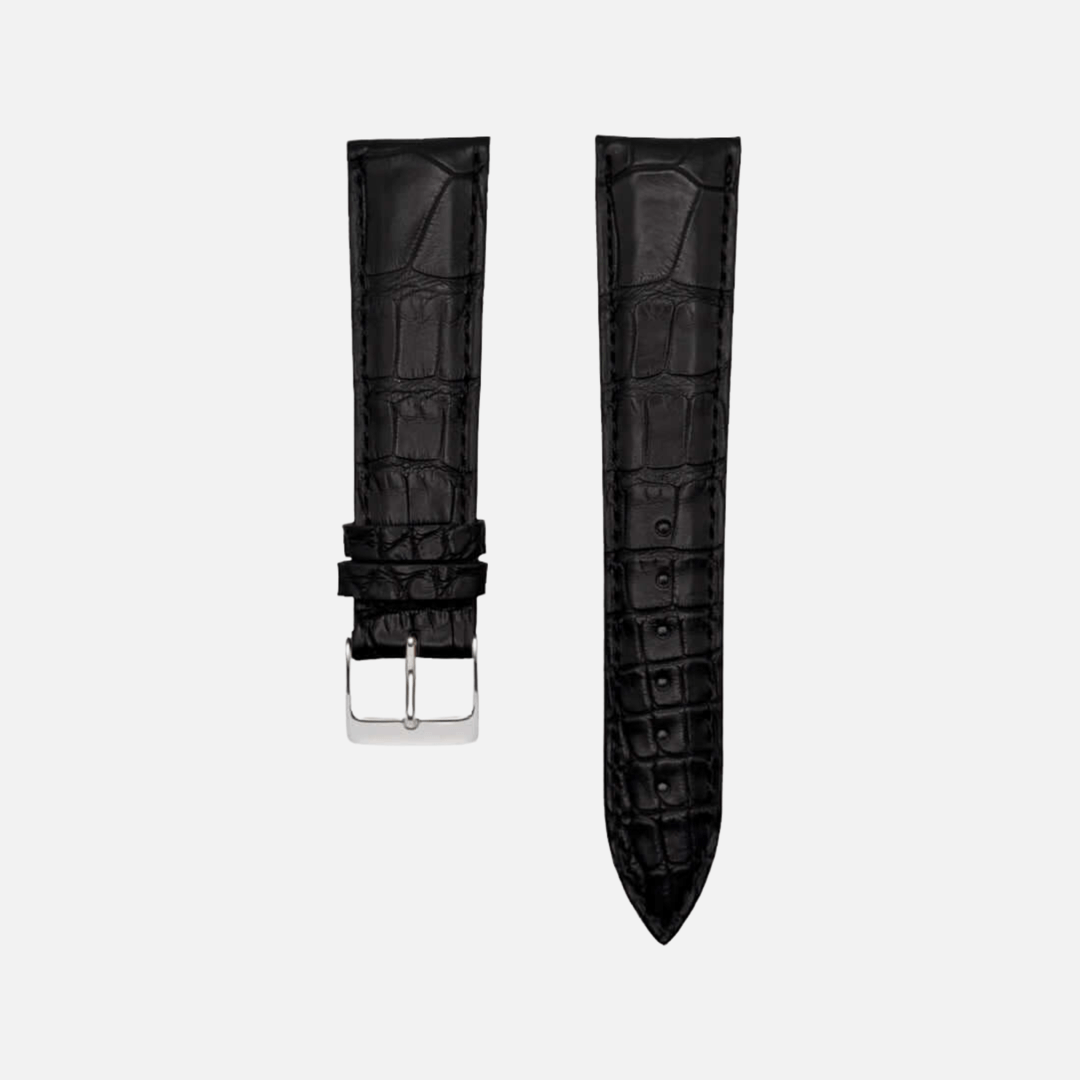 Black alligator watch strap, luxury leather crafted from Louisiana alligator, 21mm width with silver buckle, handmade in Bavaria.