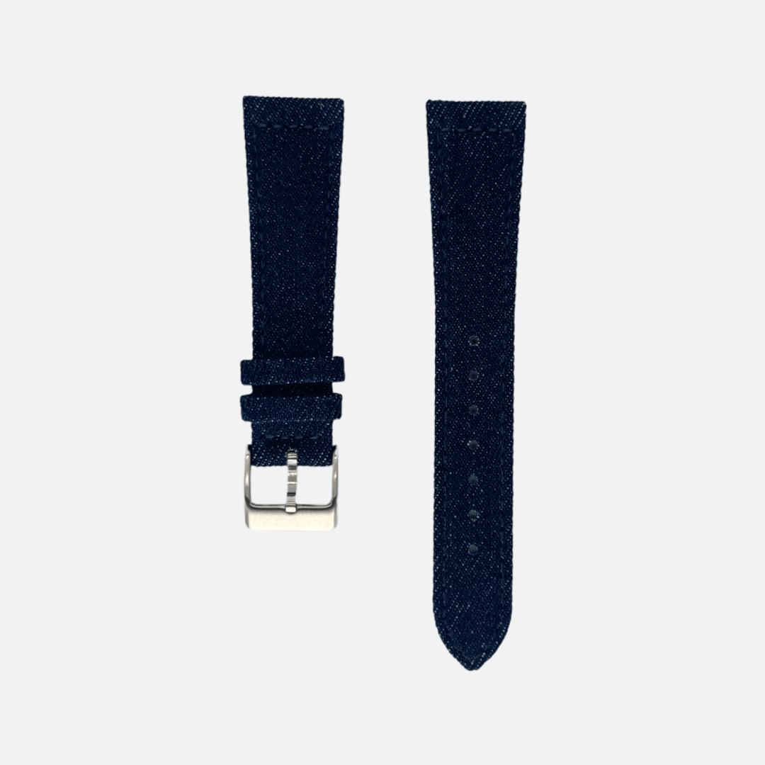 Jeans Uhrenarmband aus japanischem Denim mit schwarzem Kalbleder-Futter, markante Textur, urbaner Stil, langlebig und schweißresistent.
