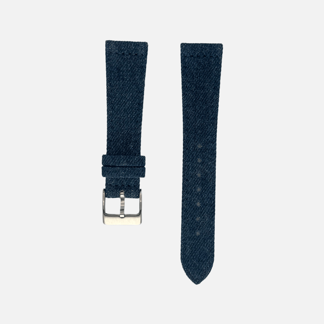Jeans Uhrenarmband aus japanischem Denim, urbaner Stil, echtes Jeansstoff, schwarze Lederfütterung, langlebig und wasserfest.
