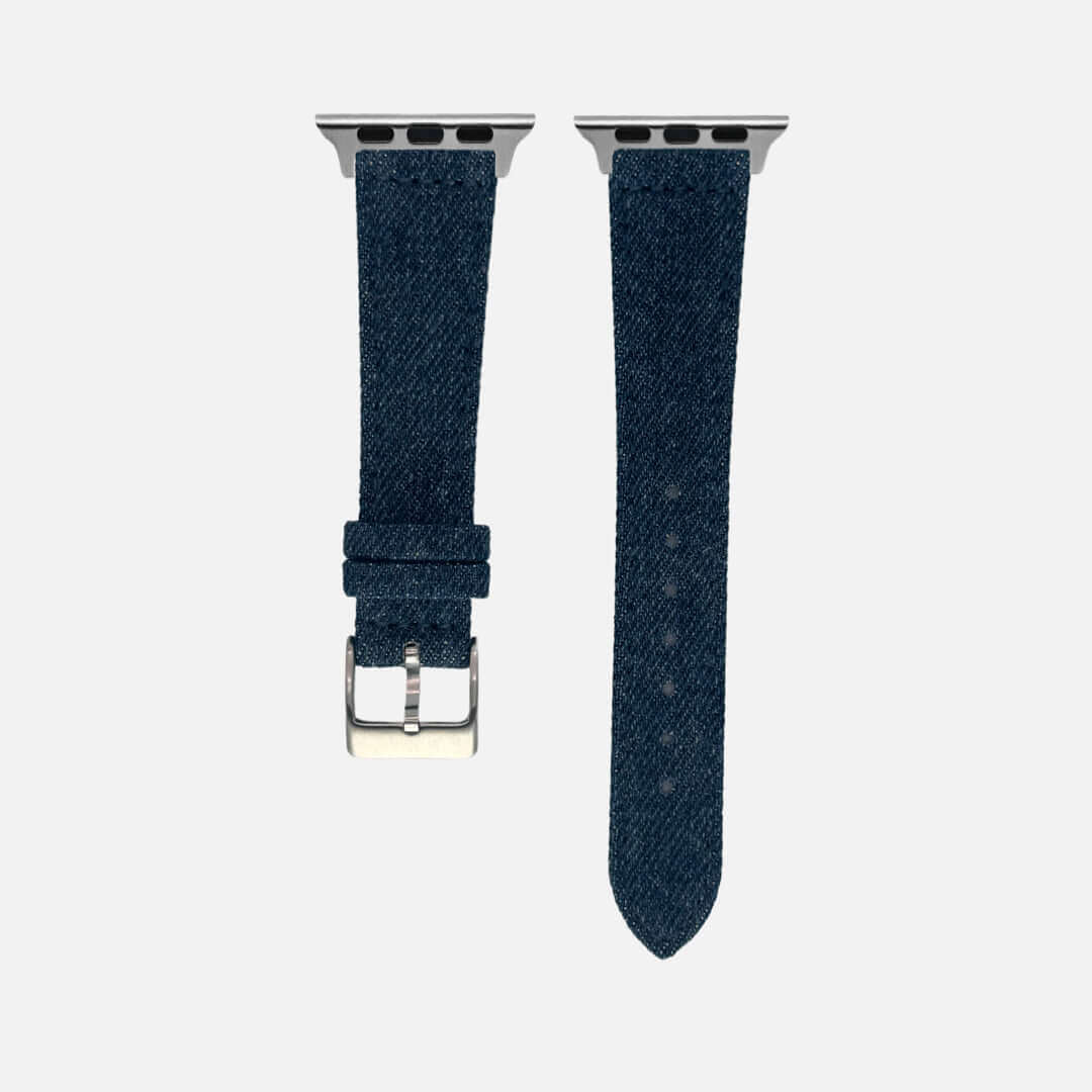 Premium Jeans Apple Watch Band in high-quality Japanese denim, showcasing elegant urban style and waterproof leather backing.