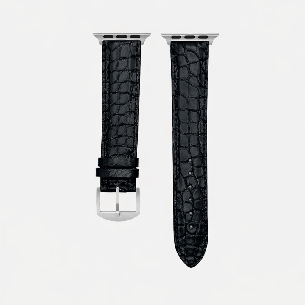 Schwarzes Apple Watch Armband Echt Alligator aus Louisiana-Alligatorleder in tiefem Schwarz mit natürlichem Glanz.