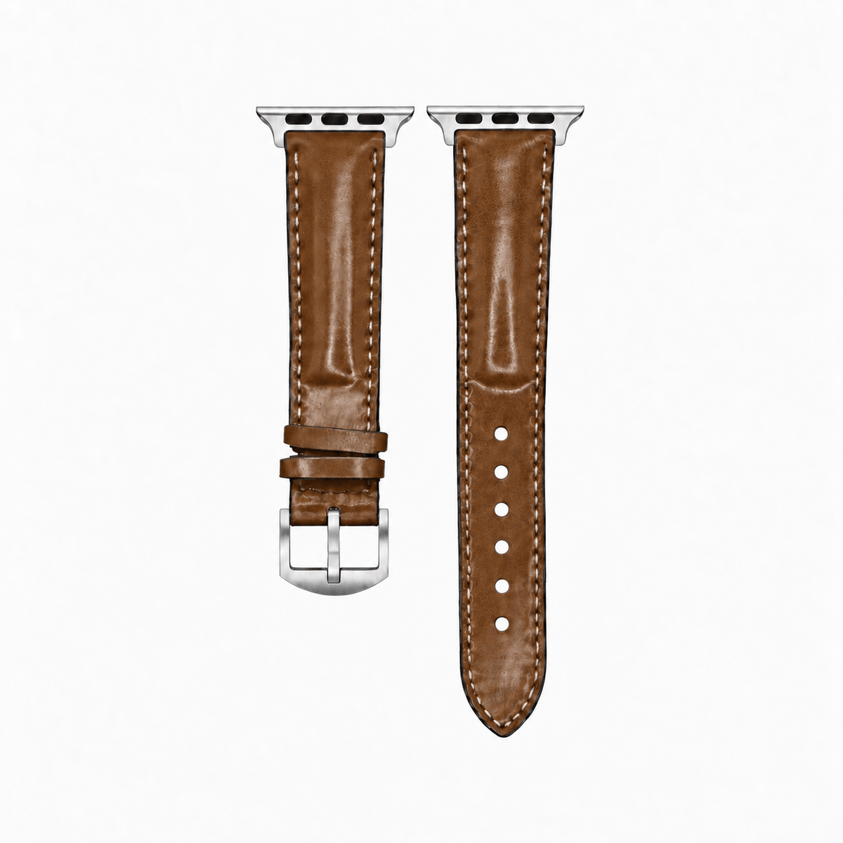Apple Watch Armband Luxus aus Horween Shell Cordovan in Cognac, hochwertiges Lederarmband mit silberner Hardware.