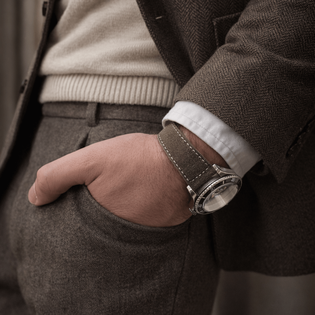Mann trägt Uhr mit Alpen – Lederhosenband aus altsämisch gegerbtem Hirschleder, Brauner Anzug und Hand in Hosentasche, stilvoll gekleidet.