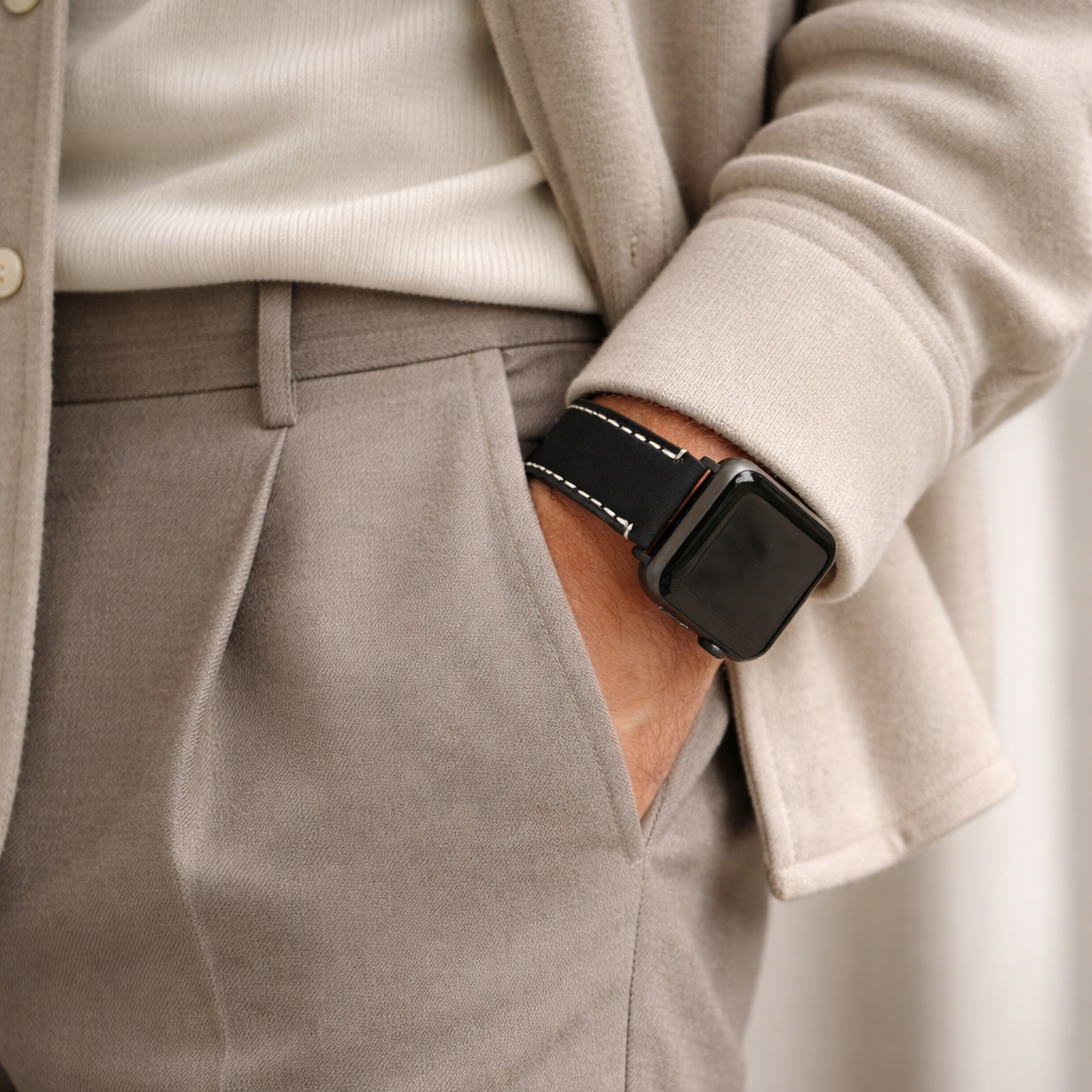 Apple Watch Ultra Lederarmband – Schwarz, extra breit 24 mm am Handgelenk einer Person in smarter Kleidung.