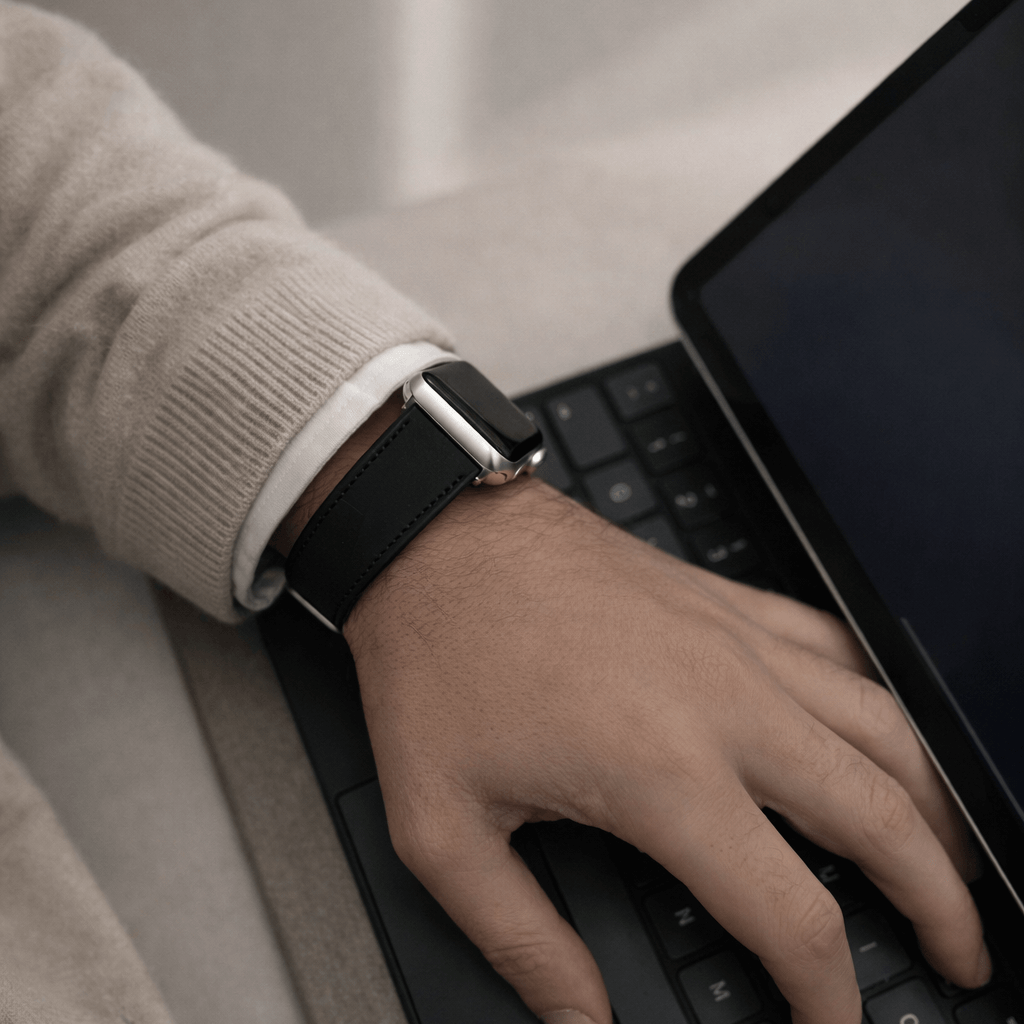 Mountain Apple Watch Lederarmband – Schwarz an einem Handgelenk beim Arbeiten am Laptop, elegantes Design, aus italienischem Nubukleder.