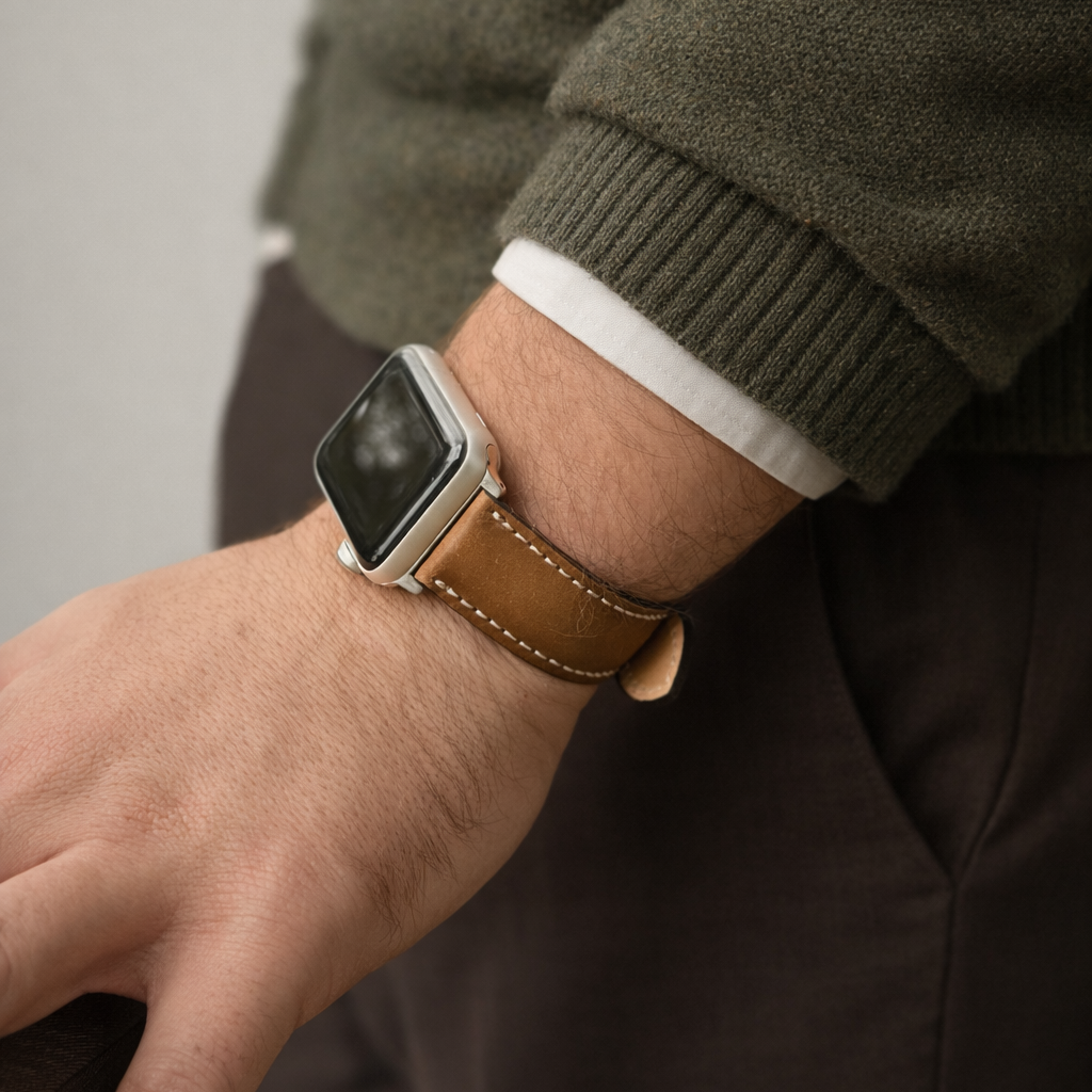 Apple Watch Armband Luxus aus Horween Shell Cordovan in Cognac am Handgelenk eines Mannes.