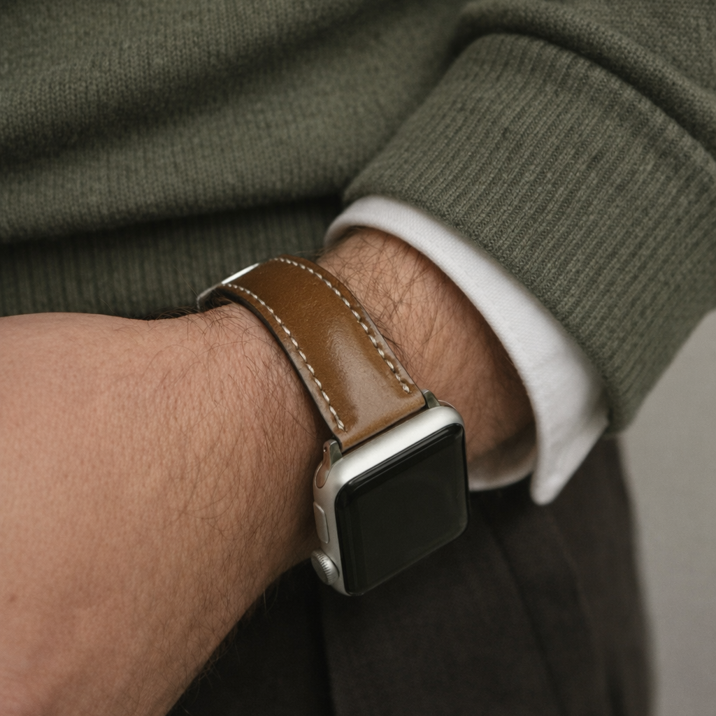 Apple Watch Armband Luxus aus Horween Shell Cordovan in Cognac am Handgelenk eines Mannes.