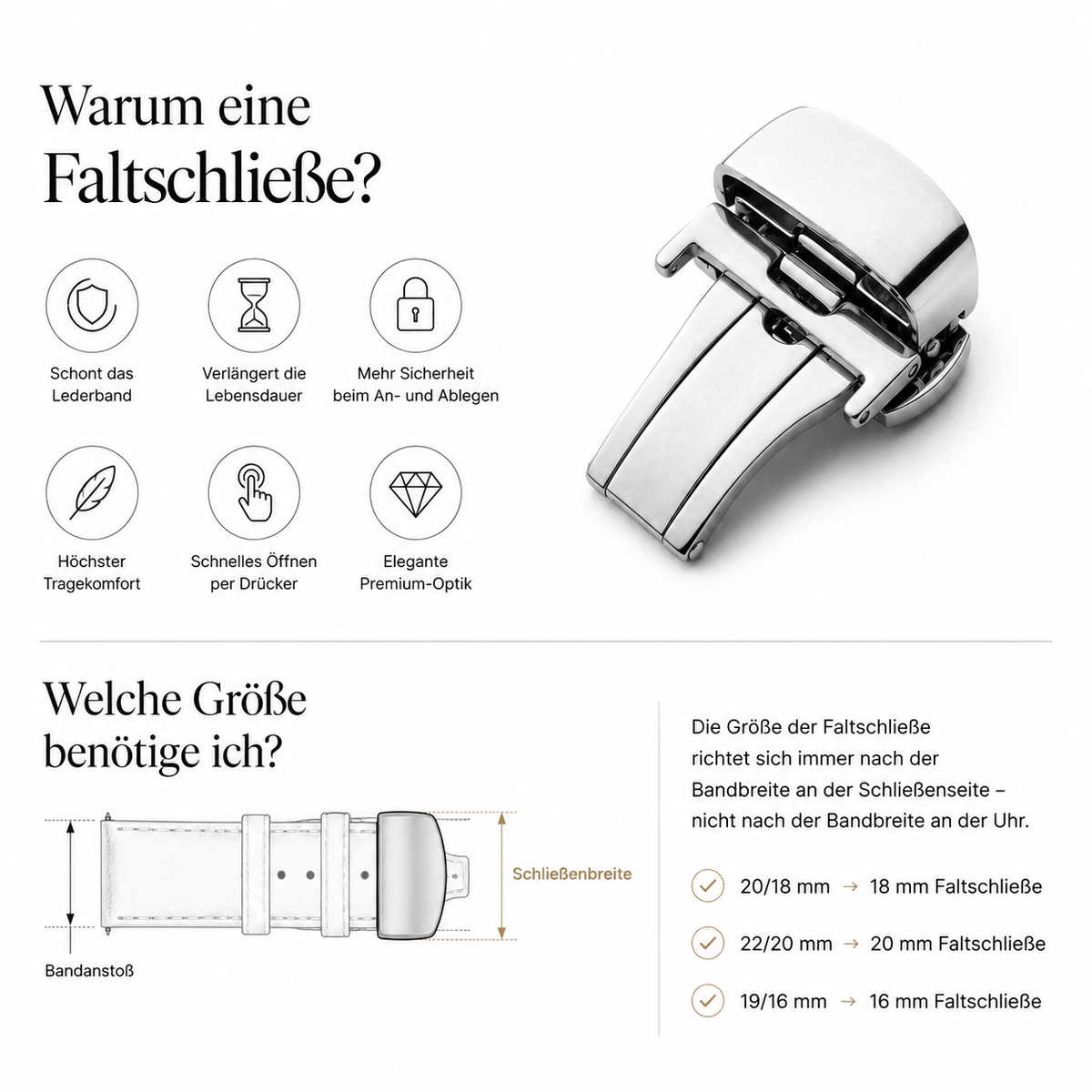 Edelstahl Faltschließe für Leder-Uhrenarmbänder vormontiert