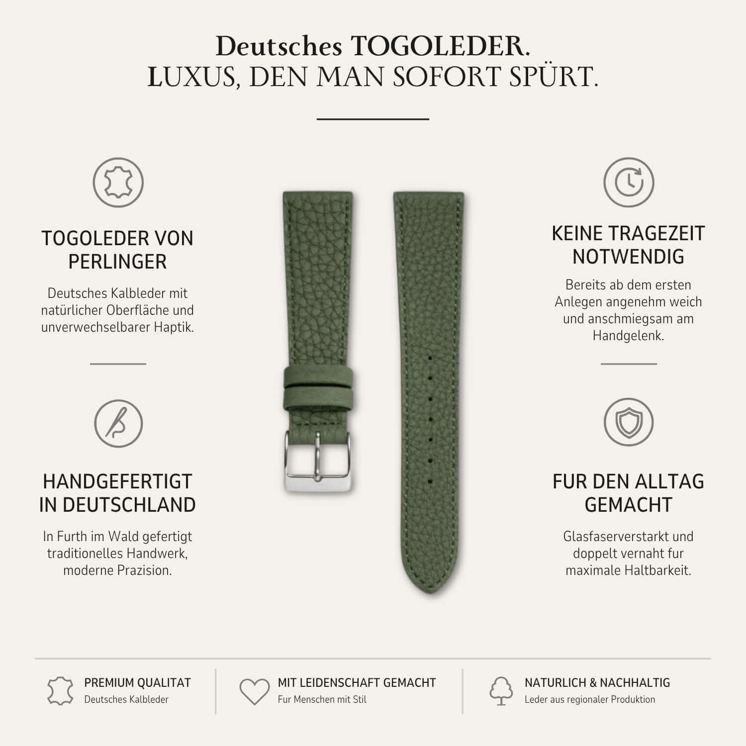 Deauville – Uhrenarmband aus deutschem Togoleder in grünem Leder mit eleganter Textur und hochwertiger Verarbeitung.