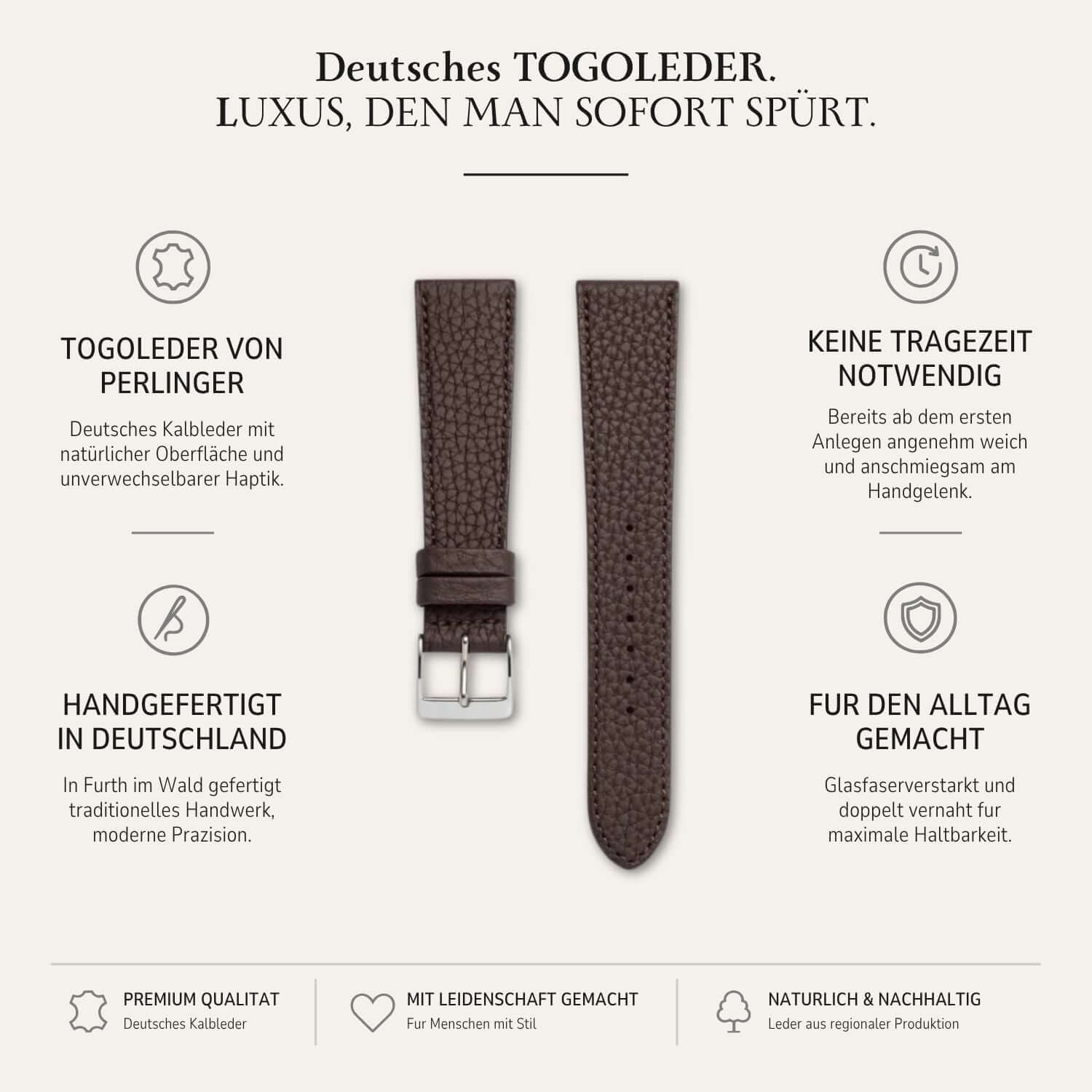Deauville – Uhrenarmband aus deutschem Togoleder mit natürlicher Oberfläche und handgefertigt in Deutschland.
