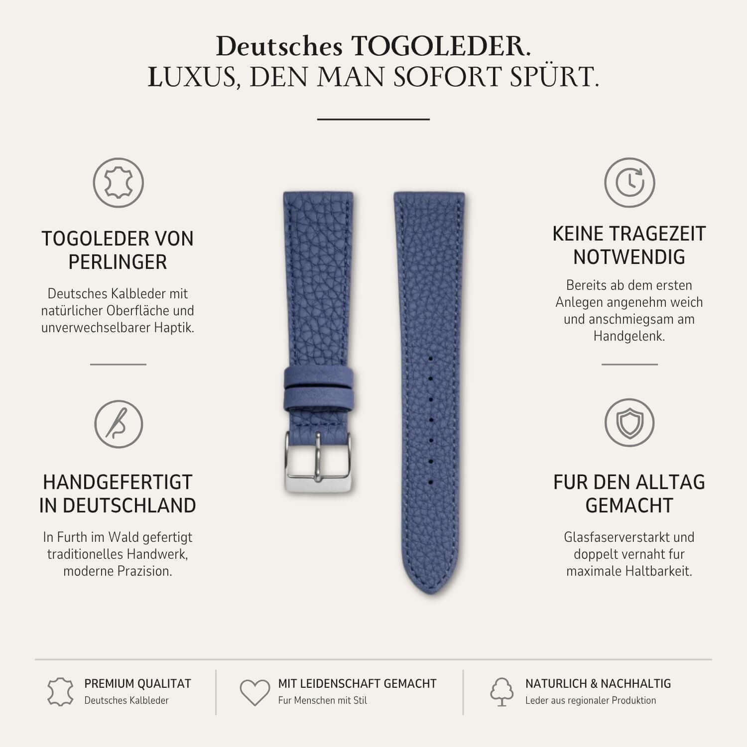 Deauville – Uhrenarmband aus deutschem Togoleder in blau mit natürlicher Narbung und hochwertiger Verarbeitung.