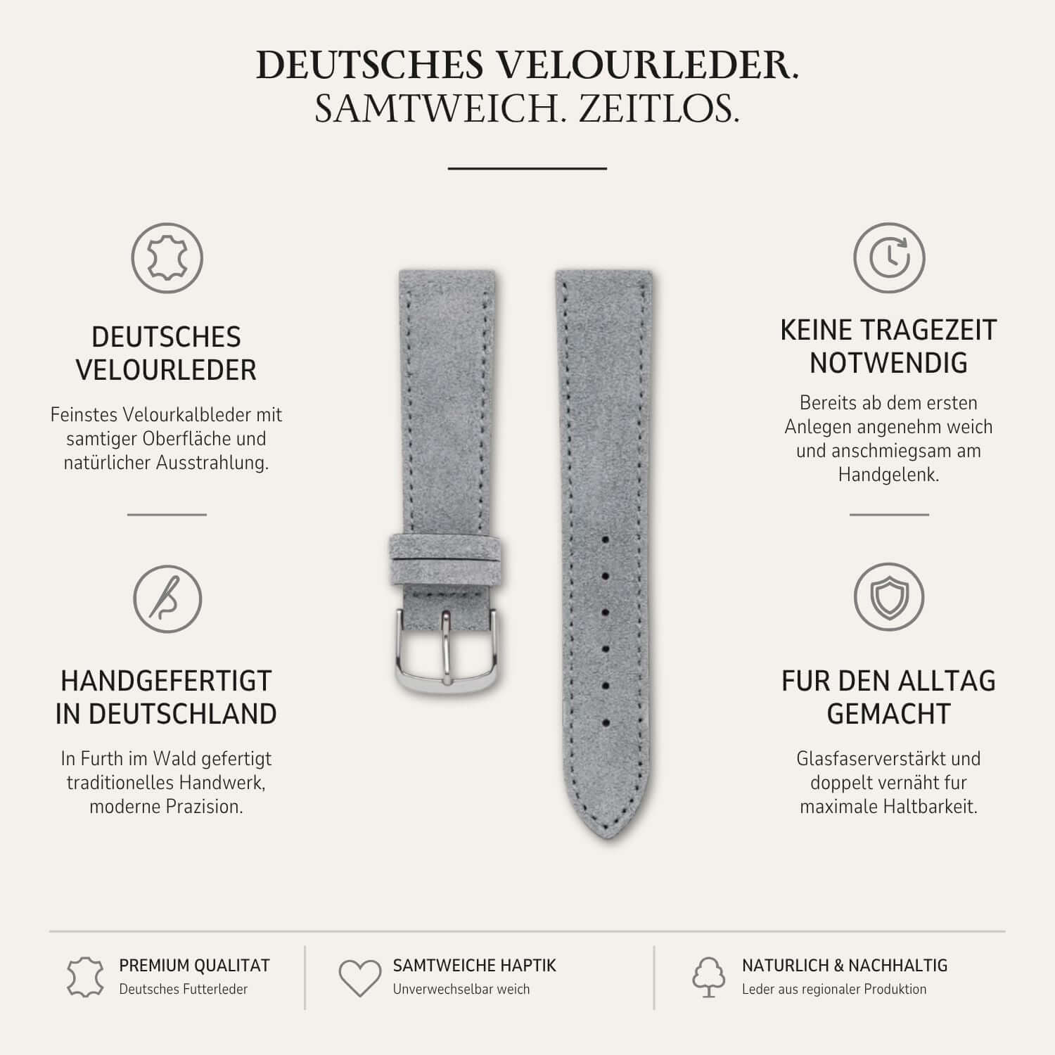 Nizza – Uhrenarmband aus feinem Wildleder in grauem Velourleder mit handgefertigtem Design.