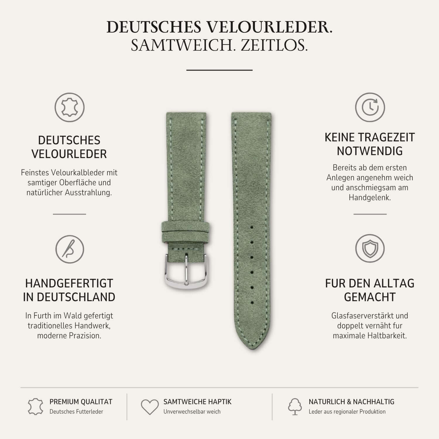 Nizza – Uhrenarmband aus feinem Wildleder, handgefertigt aus deutschem Velourleder mit samtiger Haptik.