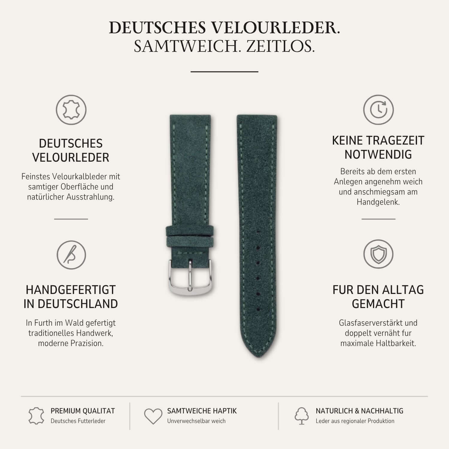 Nizza – Uhrenarmband aus feinem Wildleder in grünem Velourleder, handgefertigt in Deutschland.