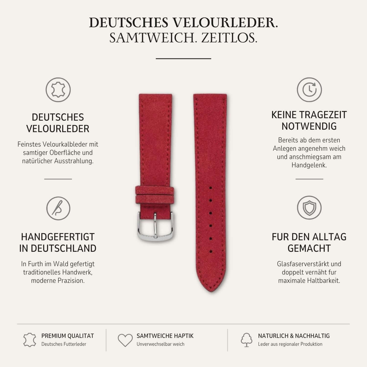 Nizza – Uhrenarmband aus feinem Wildleder, handgefertigt aus deutschem Velourleder in zeitlosem Design.