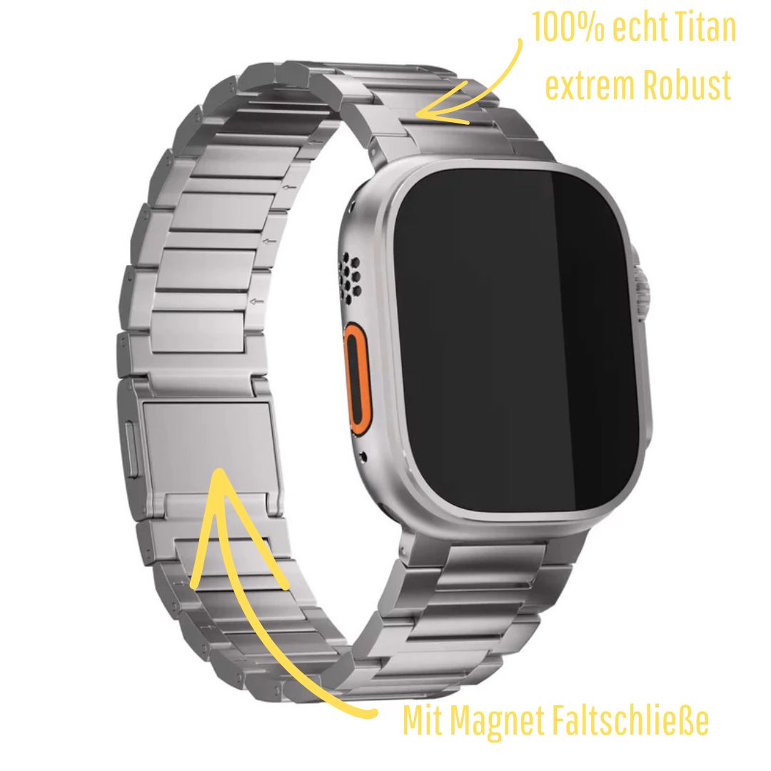 Apple Watch Ultra Armband aus echt Titan – Mit Magnetfaltschließe, leichtes und hautfreundliches Titanarmband für Sport und Business.