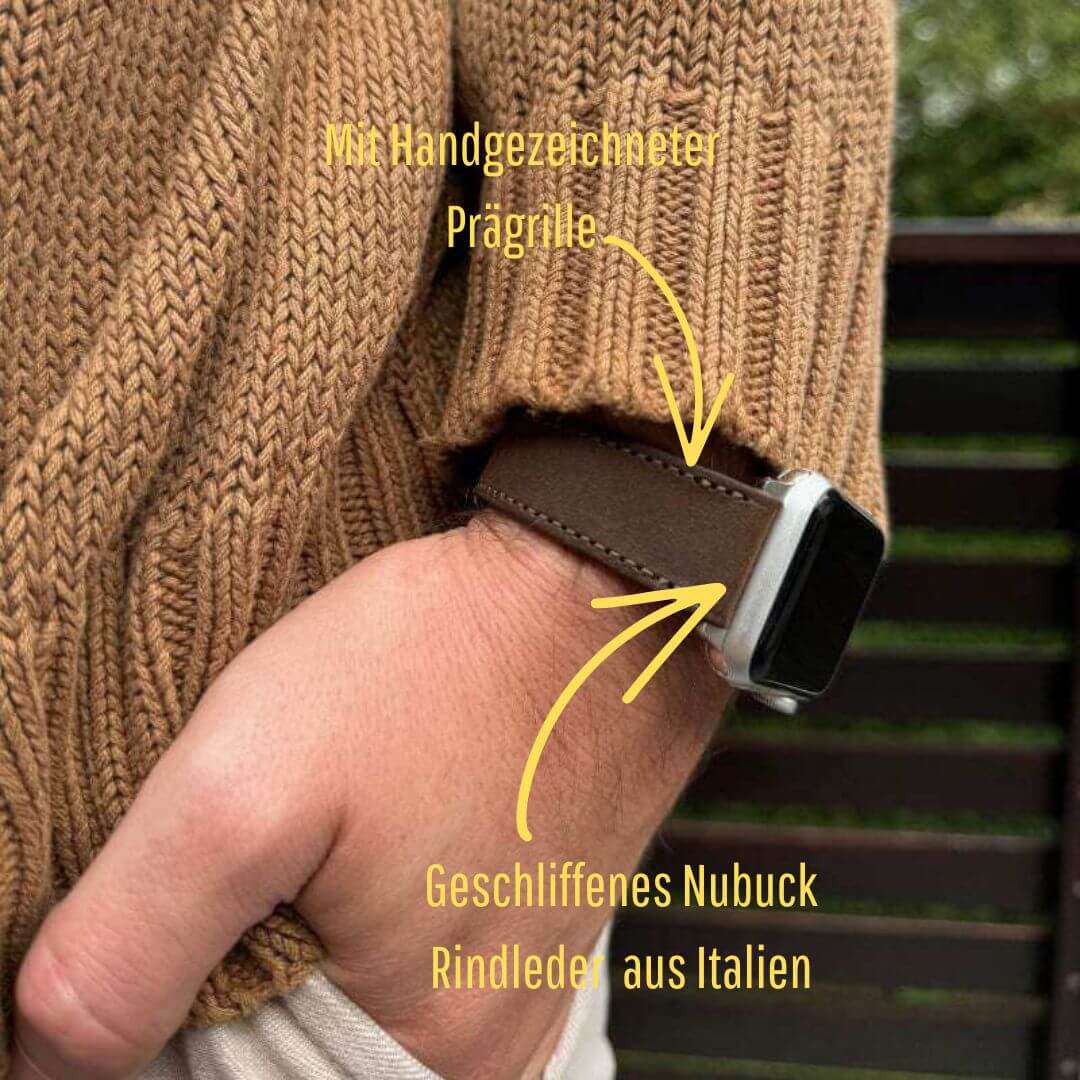 Mountain Apple Watch Lederarmband – Dunkelbraun aus italienischem Nubukleder, edler Stil, langlebig, wasserabweisend, angenehm tragbar.