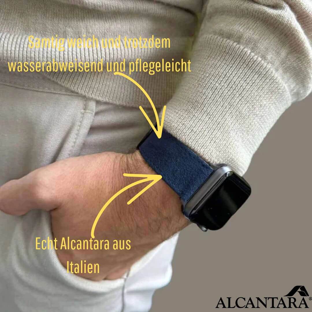 Alcantara – Apple Watch Armband in Blau, modernes Design am Handgelenk, vielseitig kombinierbar und stilvoll.