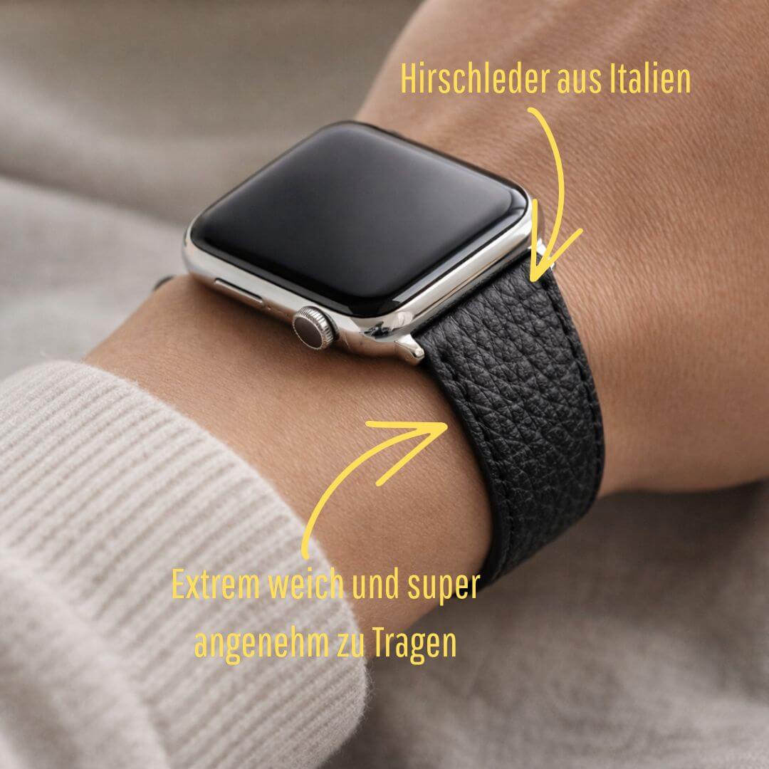 Uhrenarmband Apple Watch – Handgefertigtes Hirschleder aus Italien, weich und besonders angenehm zu tragen, auf einer Männerhand.