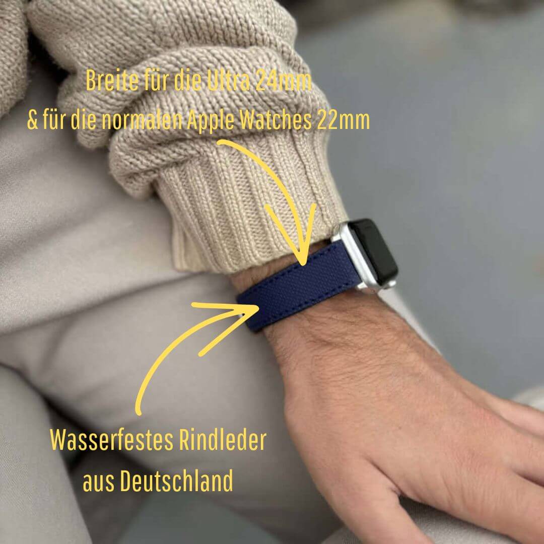 Navyblaues Apple Watch Lederarmband Wasserfest | Nautilus, wasserfestes Rindleder aus Deutschland, elegante und alltagstaugliche Optik.